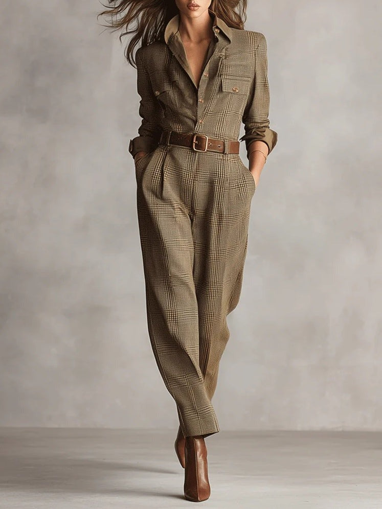 Tuta a quadri in tweed marrone
