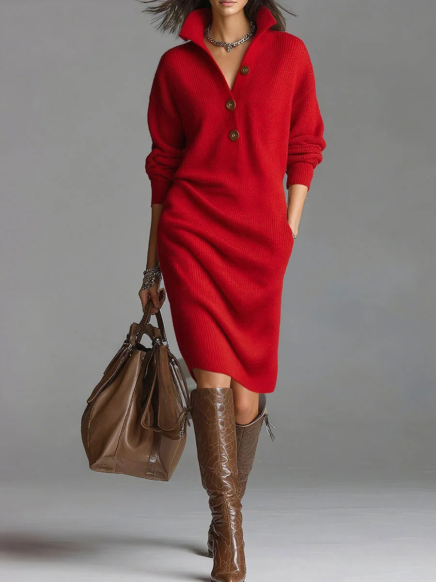 Heather™ | Elegant Jumper Dress with Open Collar and Buttons