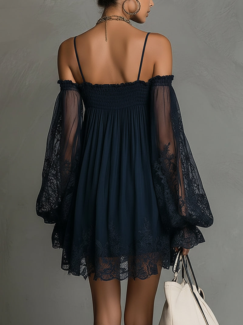Angela™ | Flowing Short Dress with Lace Sleeves and Chic Bohemian Style
