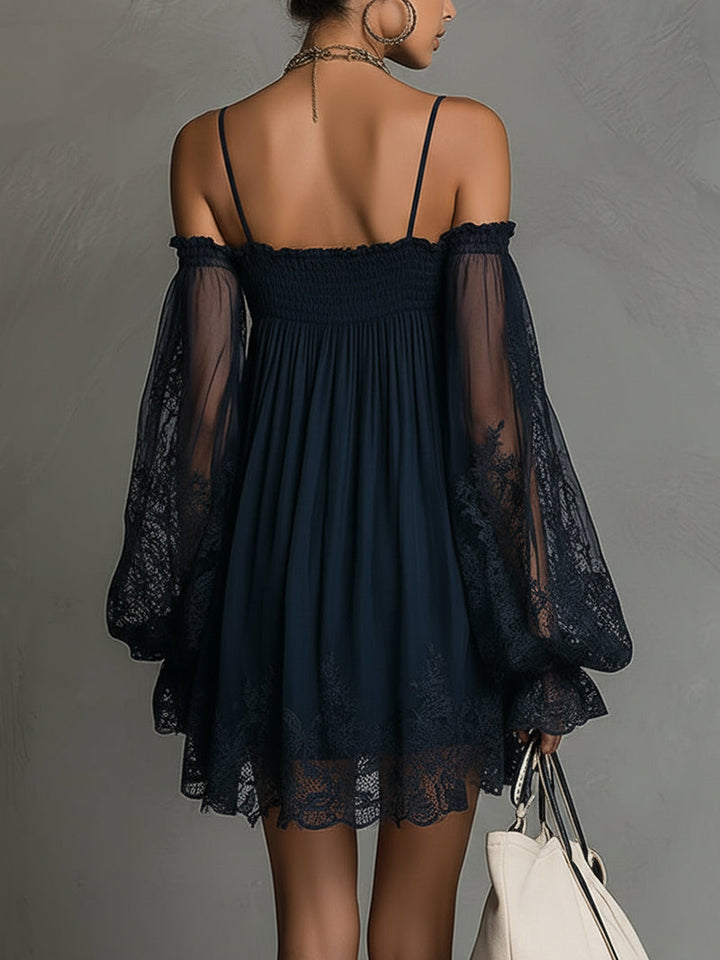 Angela™ | Flowing Short Dress with Lace Sleeves and Chic Bohemian Style