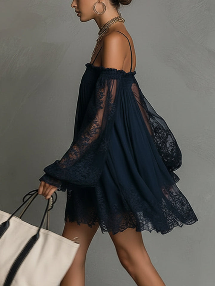 Angela™ | Flowing Short Dress with Lace Sleeves and Chic Bohemian Style