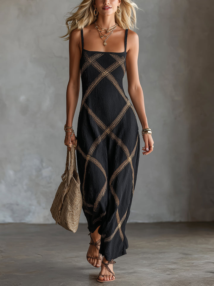 Verity™ | Geometric Black and Camel Maxi Dress