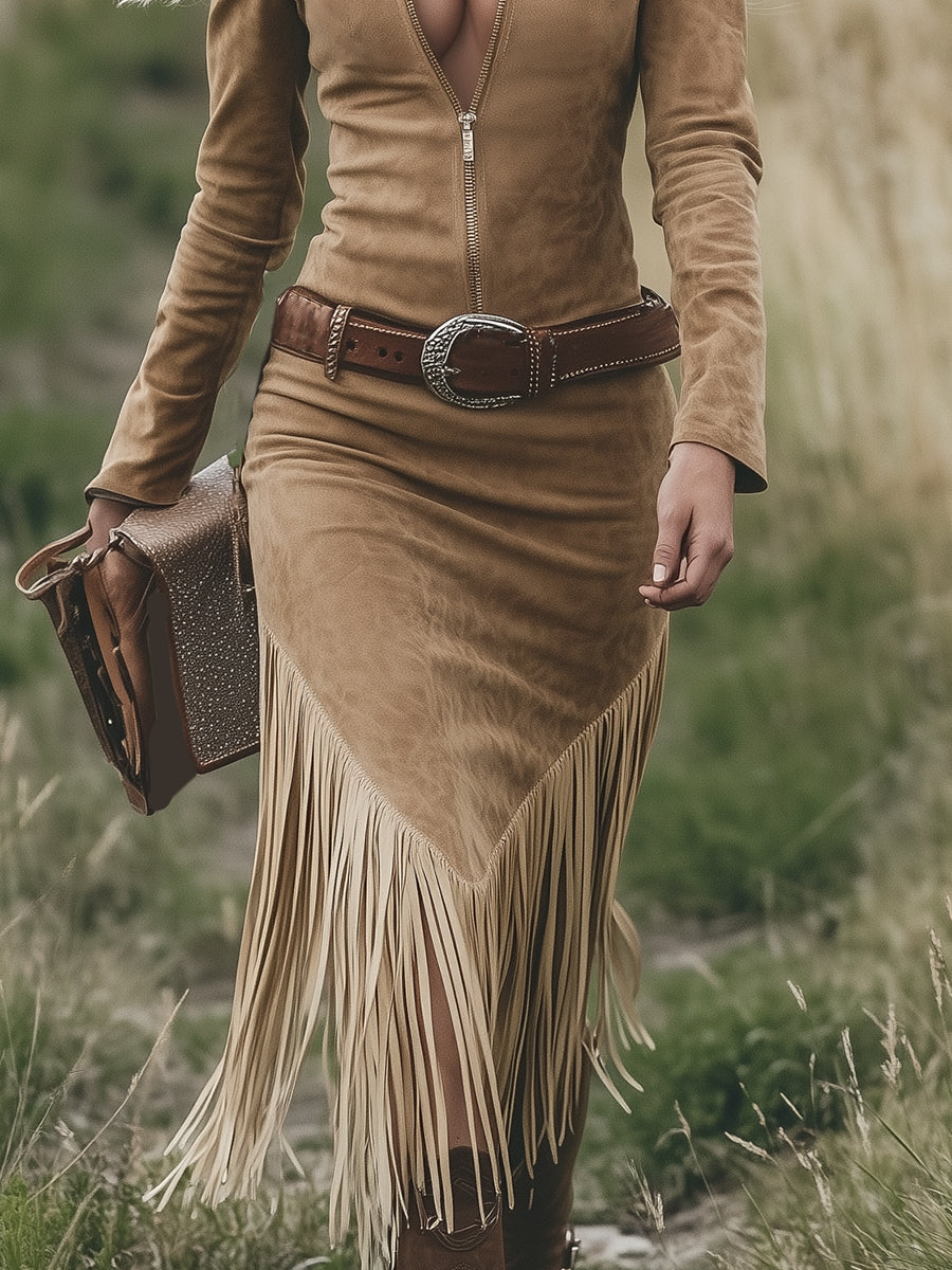 Elsie™ | Fringed Suede-Effect Western Dress – Bold and Elegant