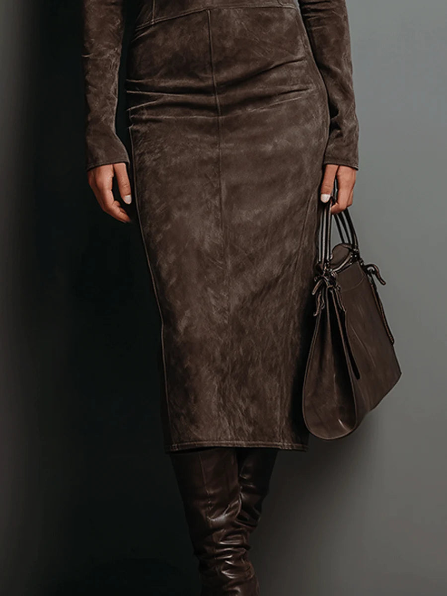 Janet™ | Suede Midi Dress – Timeless Elegance
