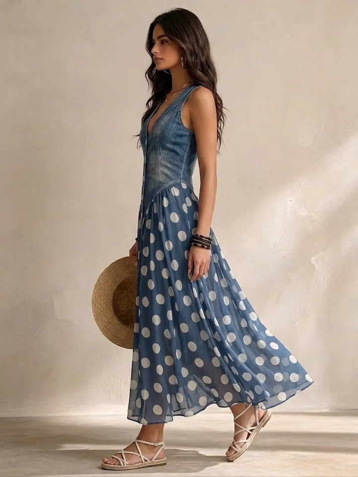 Teresa™ | Polka-Dot Denim and Voile Midi Dress