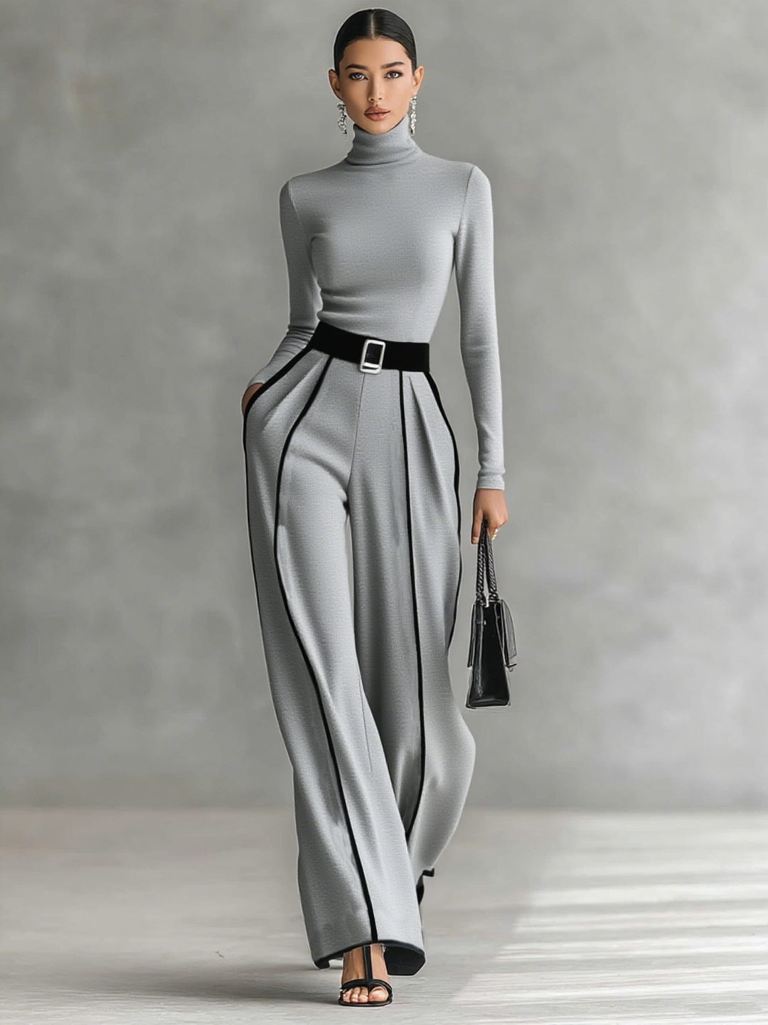 Maisie™ | Two-Piece Set with High-Neck Top and Wide-Leg Belted Trousers