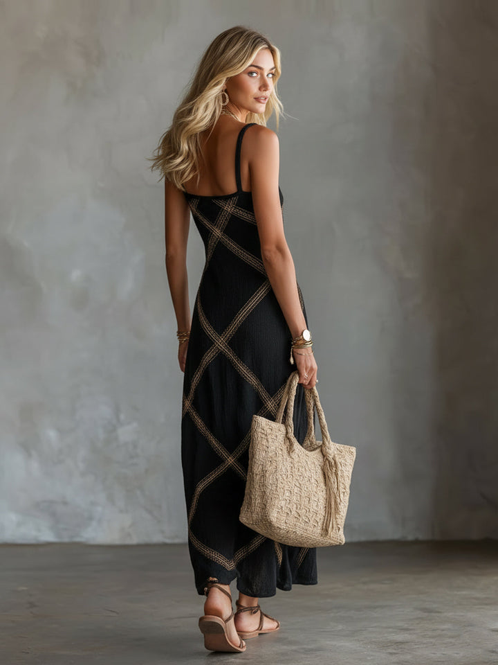Verity™ | Geometric Black and Camel Maxi Dress