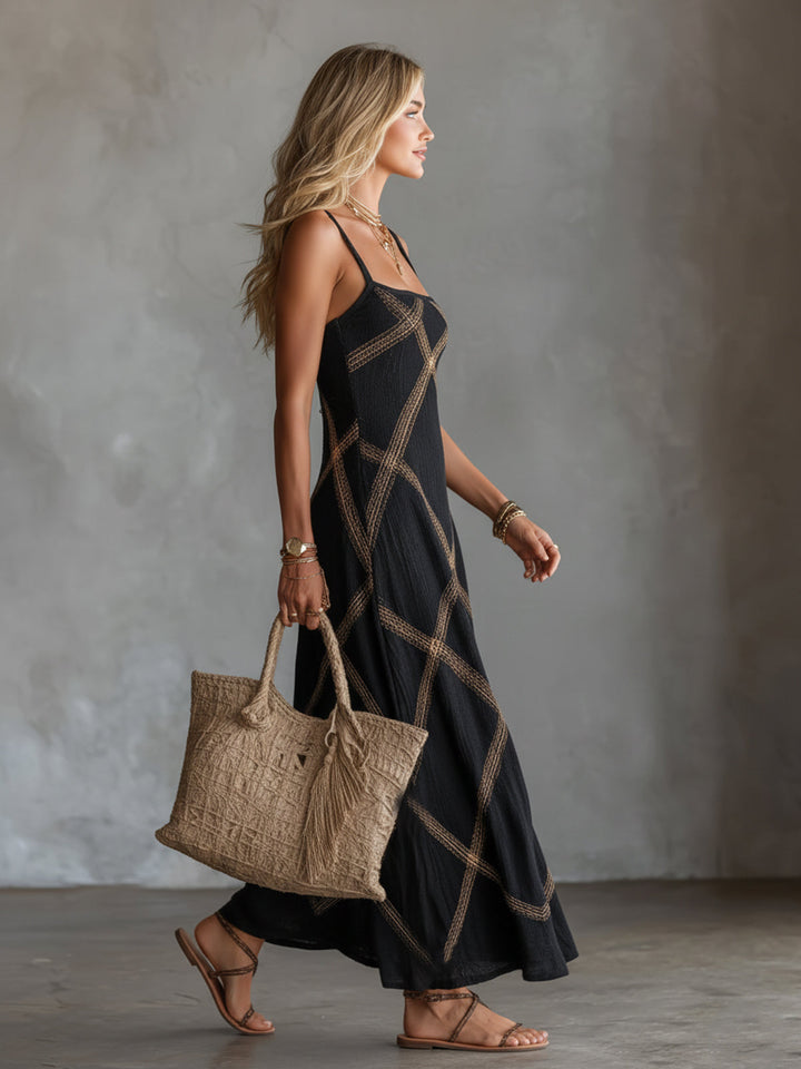 Verity™ | Geometric Black and Camel Maxi Dress