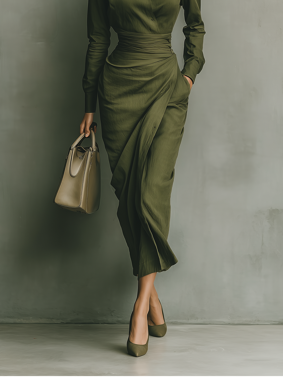 Abito a portafoglio satinato con cintura – Verde elegante