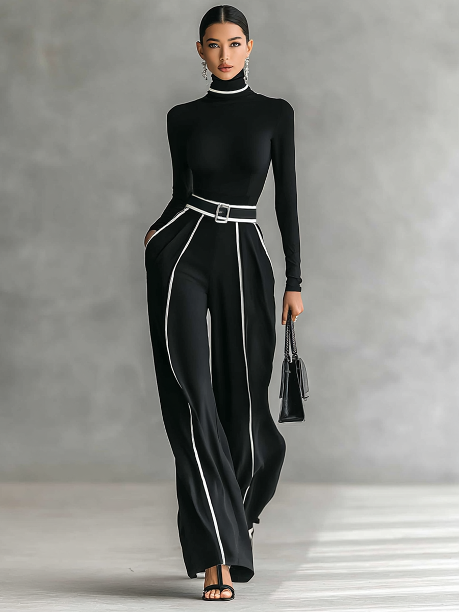 Maisie™ | Two-Piece Set with High-Neck Top and Wide-Leg Belted Trousers