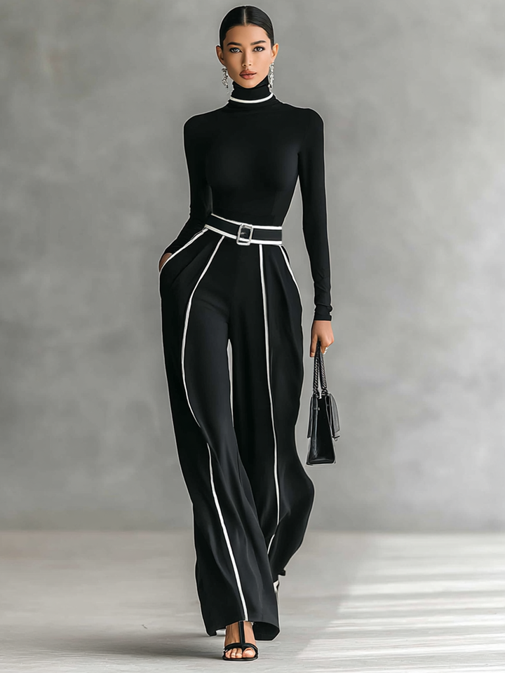 Maisie™ | Two-Piece Set with High-Neck Top and Wide-Leg Belted Trousers