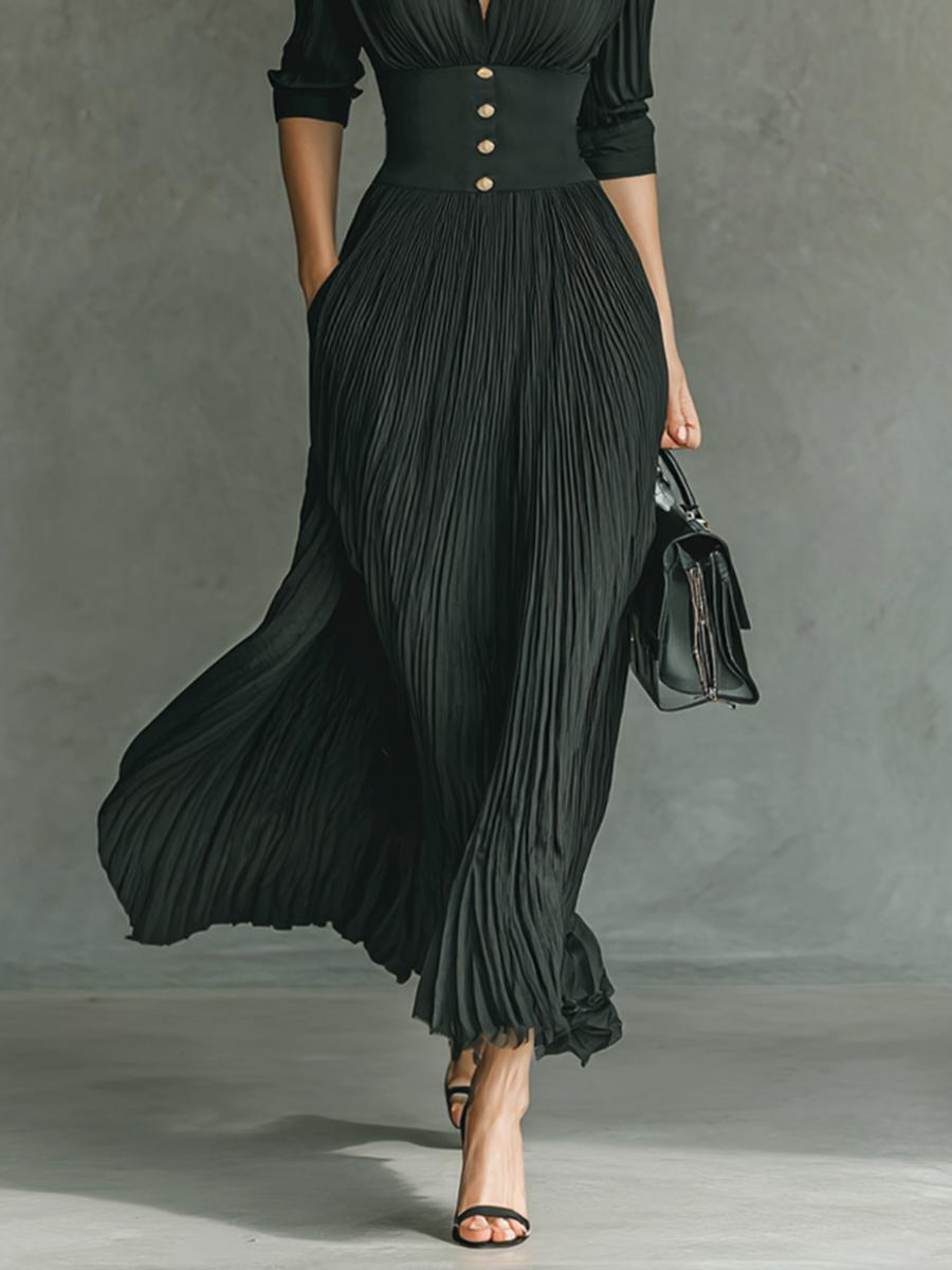 Elspeth™ | Luxury Pleated Long Dress with Adjustable Belt and Tailored Collar