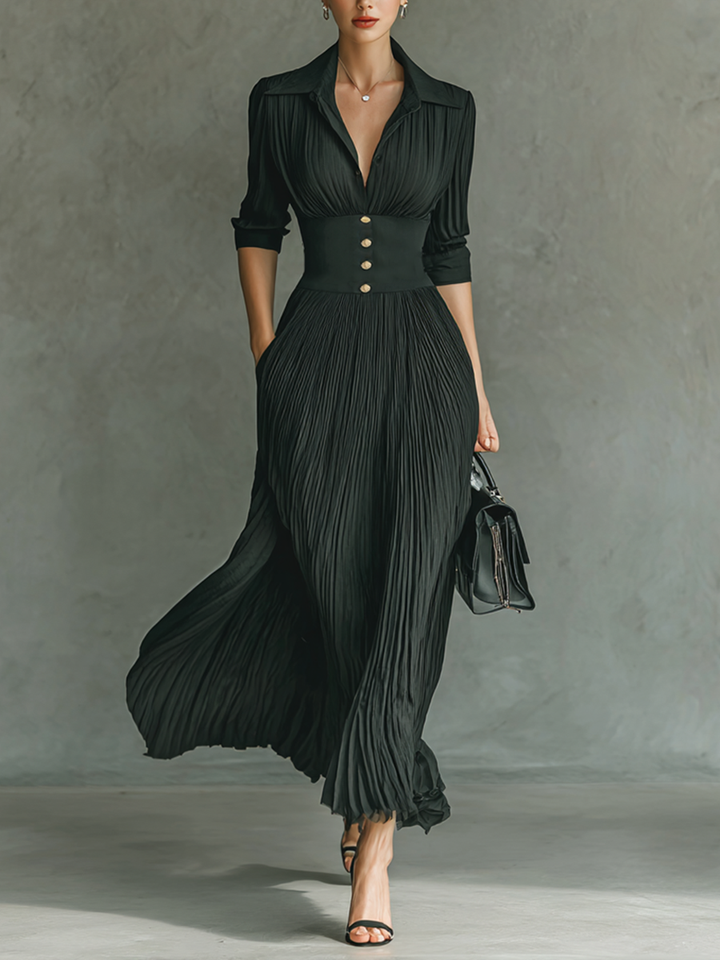Elspeth™ | Luxury Pleated Long Dress with Adjustable Belt and Tailored Collar