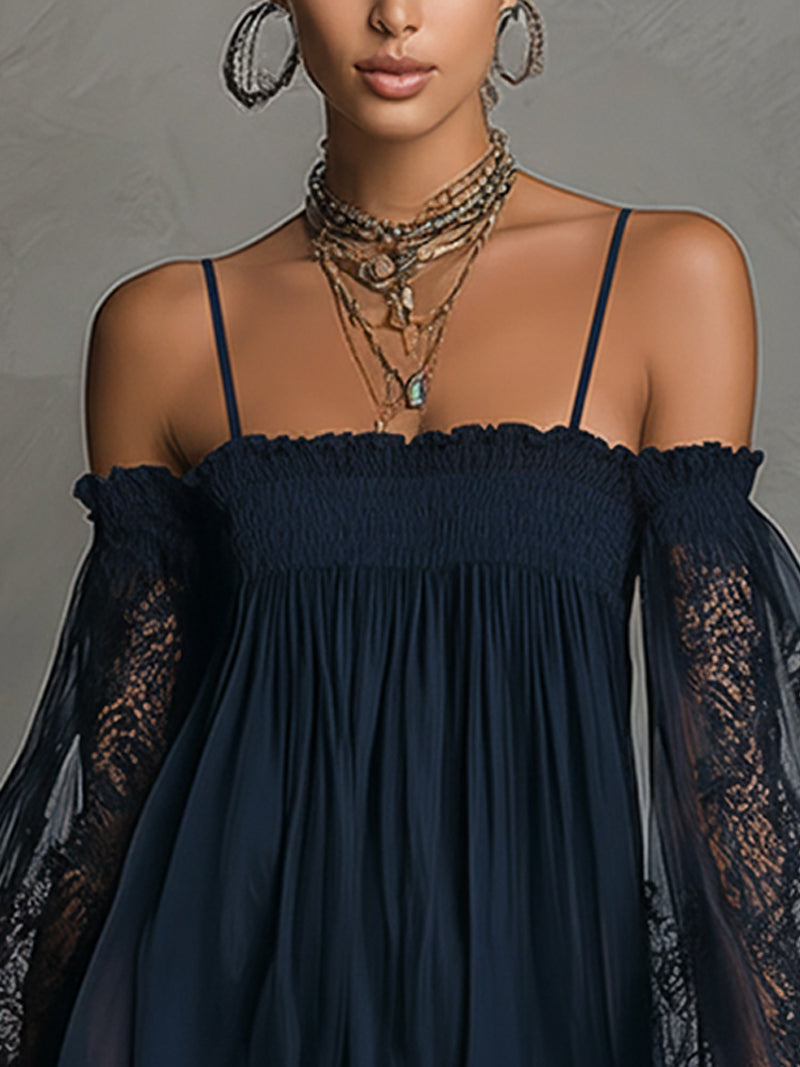 Angela™ | Flowing Short Dress with Lace Sleeves and Chic Bohemian Style