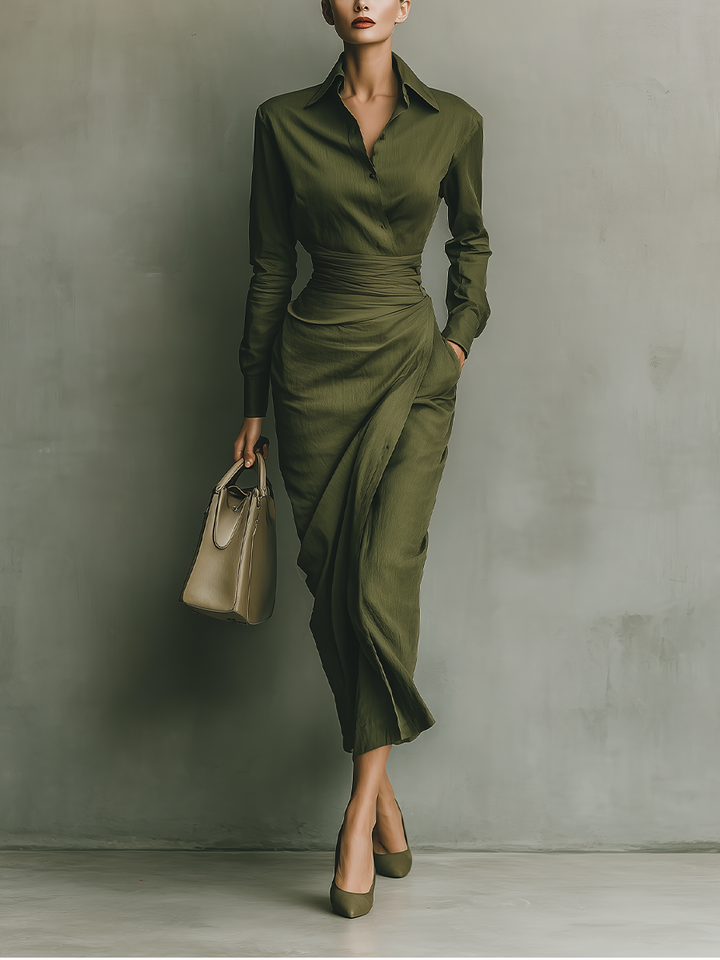 Abito a portafoglio satinato con cintura – Verde elegante