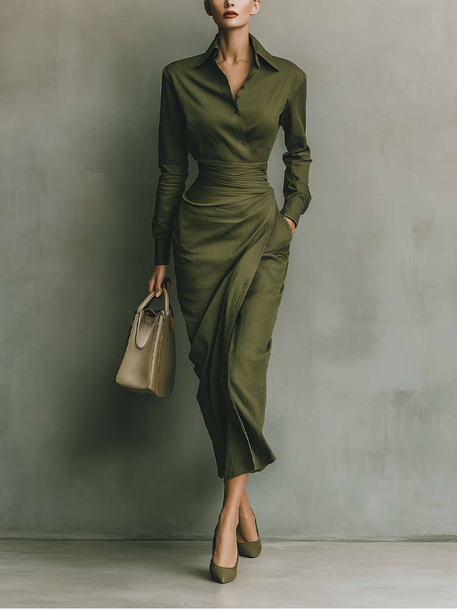 Abito a portafoglio satinato con cintura – Verde elegante