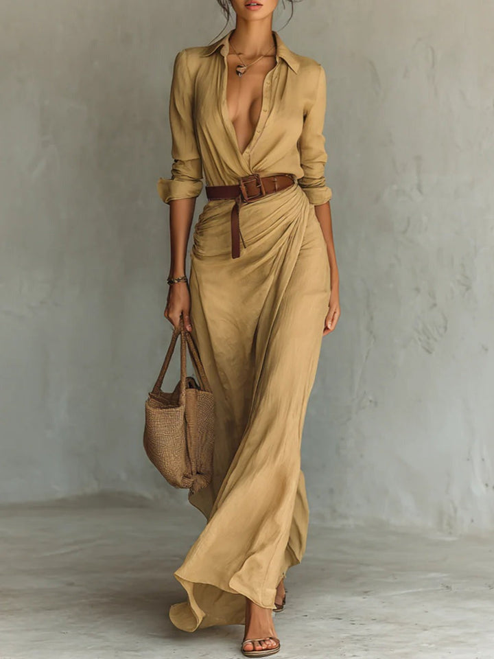 Phoebe™ | Long Belted Dress with Long Sleeves and Lapel Collar