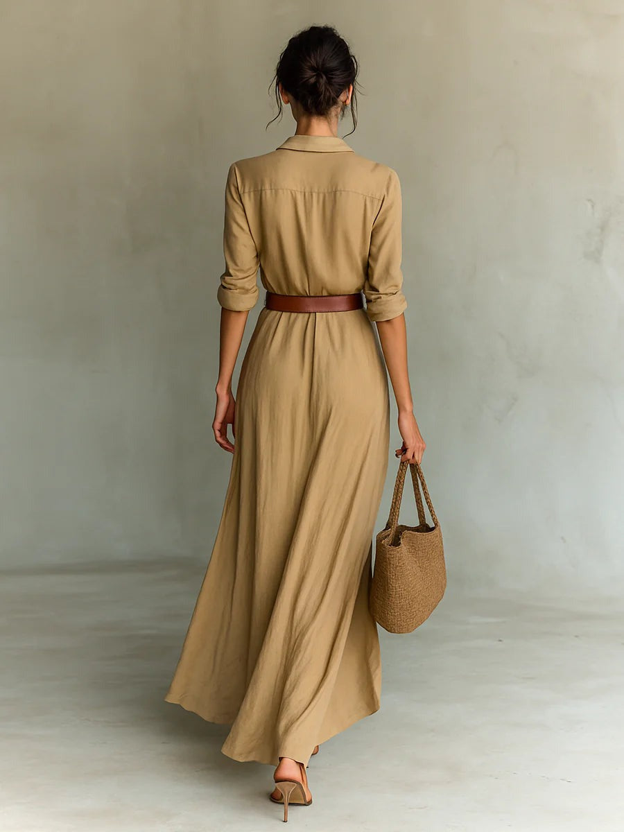 Phoebe™ | Long Belted Dress with Long Sleeves and Lapel Collar