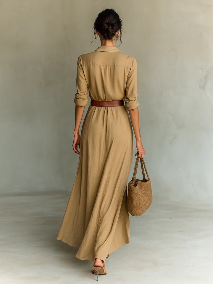 Phoebe™ | Long Belted Dress with Long Sleeves and Lapel Collar