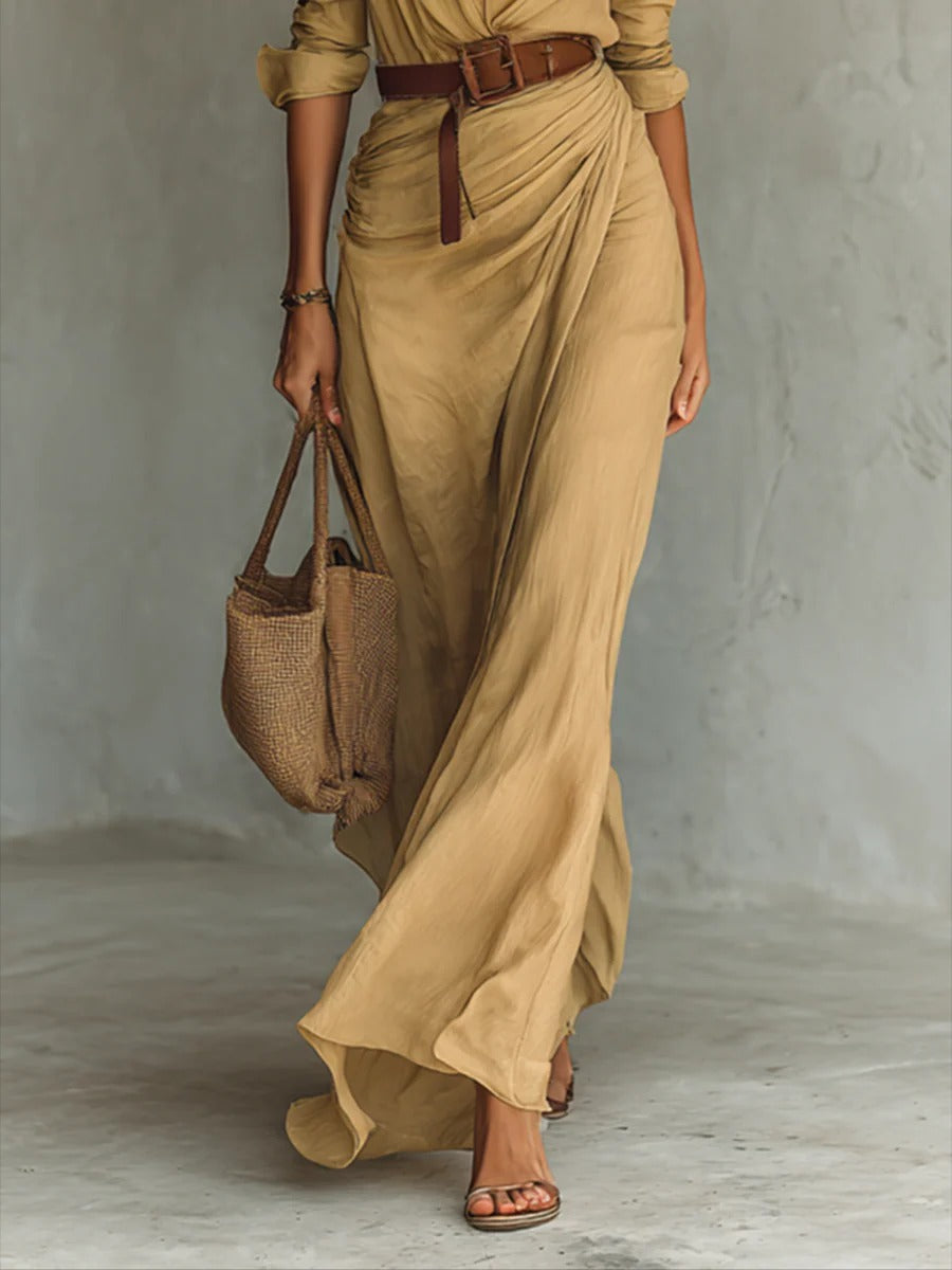Phoebe™ | Long Belted Dress with Long Sleeves and Lapel Collar