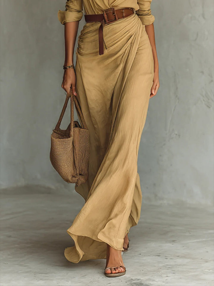 Phoebe™ | Long Belted Dress with Long Sleeves and Lapel Collar