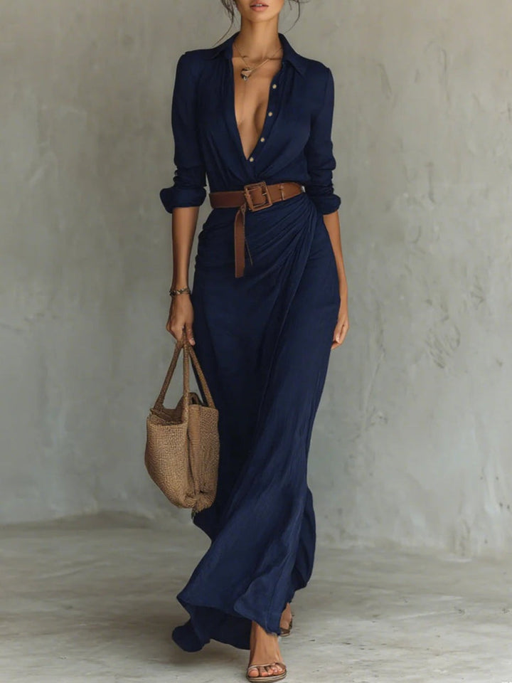 Phoebe™ | Long Belted Dress with Long Sleeves and Lapel Collar