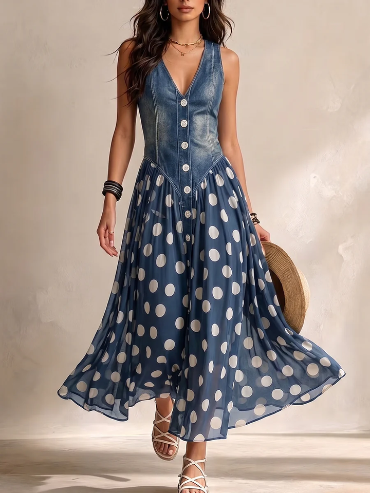 Teresa™ | Polka-Dot Denim and Voile Midi Dress