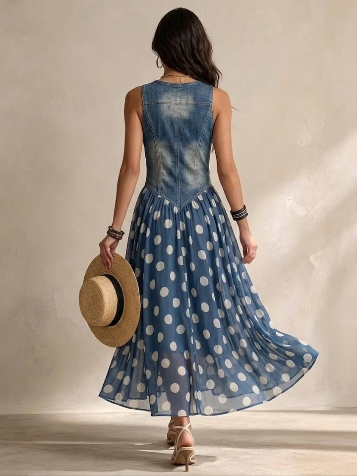 Teresa™ | Polka-Dot Denim and Voile Midi Dress