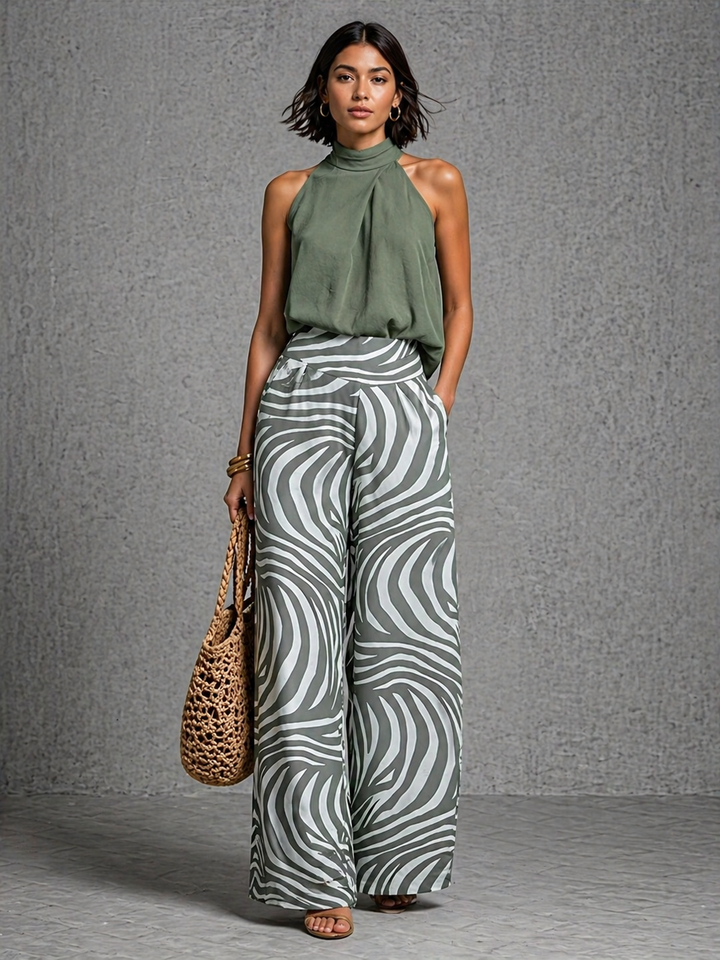 Ruby™ | Elegant Co-ord Set with Printed Flowing Trousers and High-Neck Top