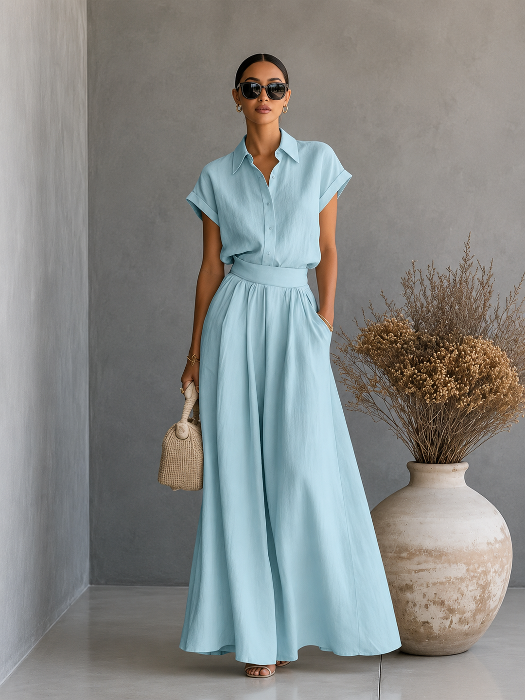 Tara™ | Elegant Shirt and Flowing Long Skirt Set