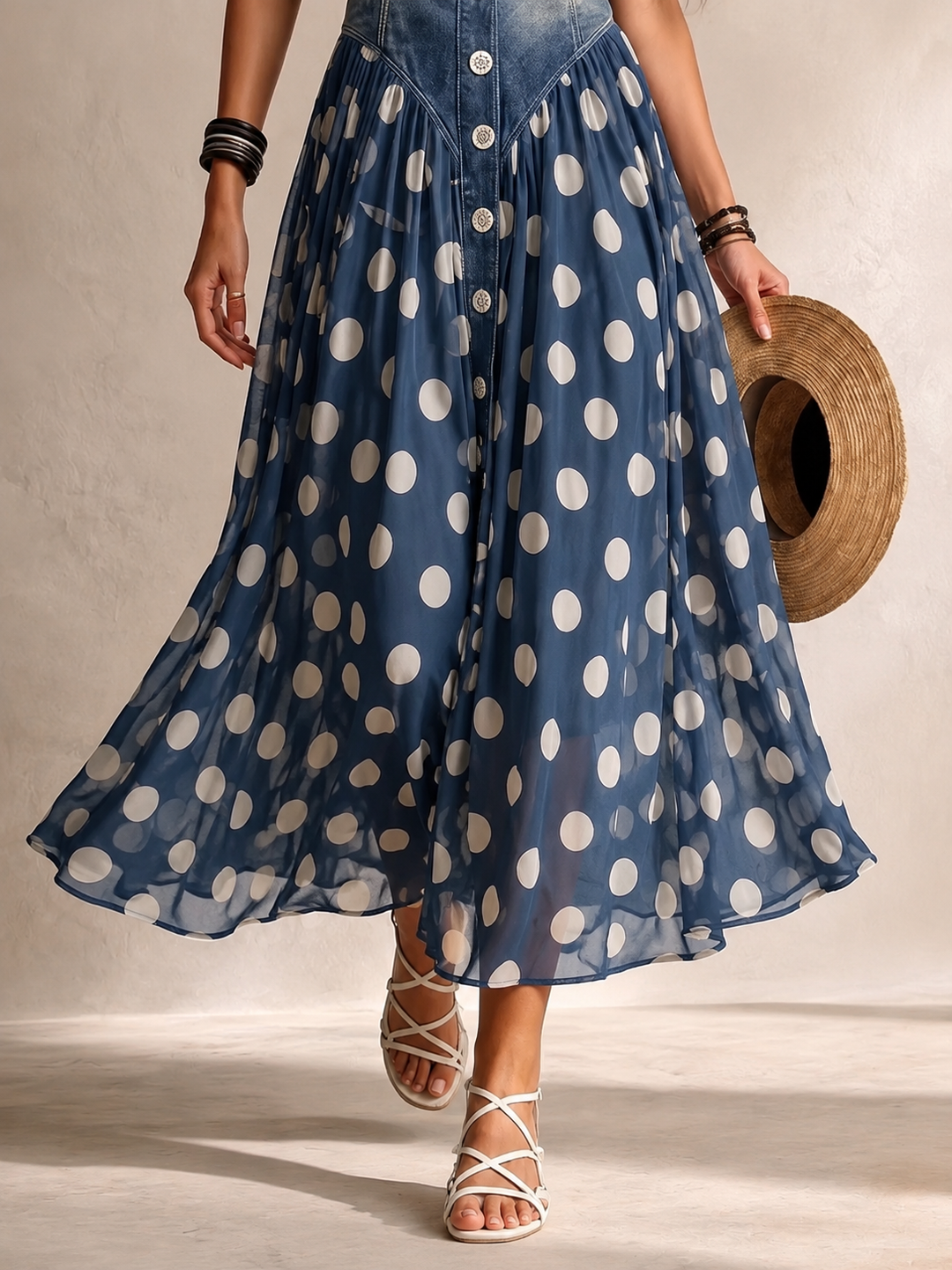 Teresa™ | Polka-Dot Denim and Voile Midi Dress