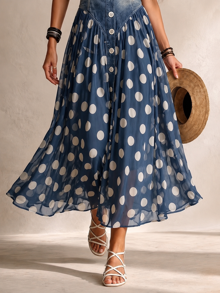 Teresa™ | Polka-Dot Denim and Voile Midi Dress