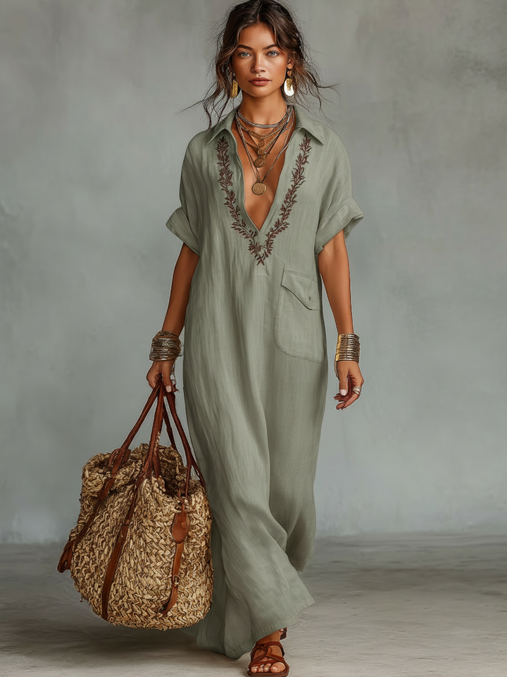 Leah™ | Elegant Bohemian Maxi Dress with Embroidery and Flowing Cut