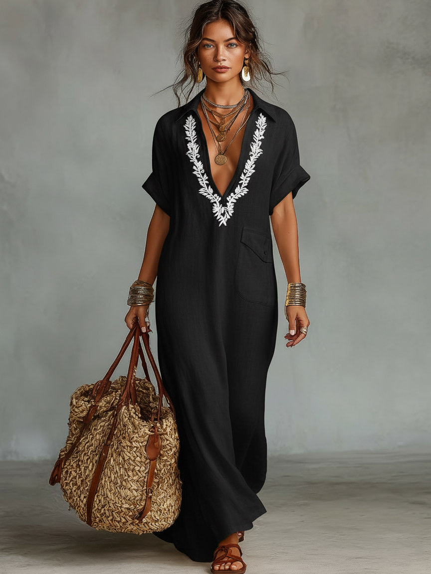 Leah™ | Elegant Bohemian Maxi Dress with Embroidery and Flowing Cut