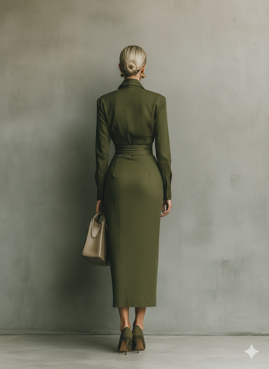 Abito a portafoglio satinato con cintura – Verde elegante