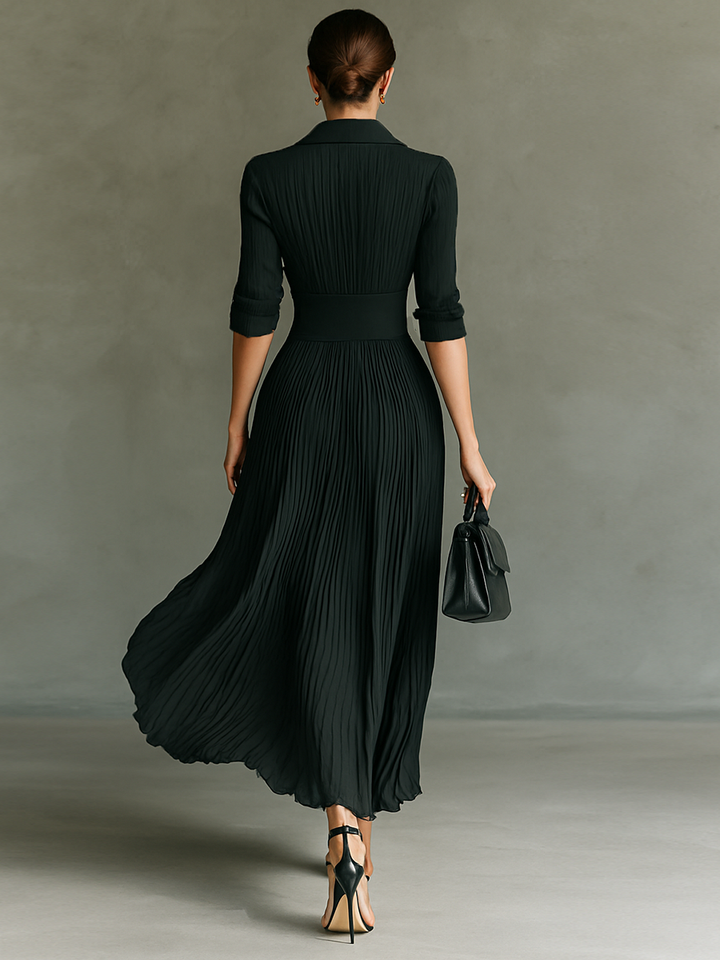 Elspeth™ | Luxury Pleated Long Dress with Adjustable Belt and Tailored Collar