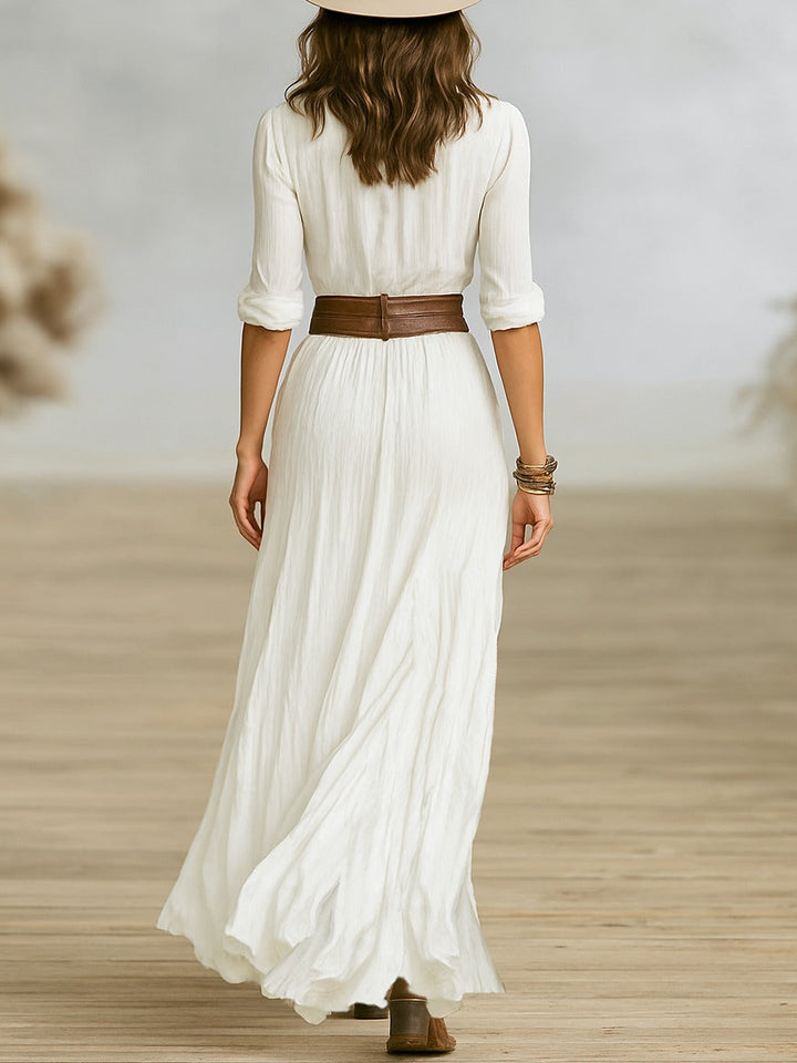 Jean™ | Long Dress with Belt and Pleated Lapels
