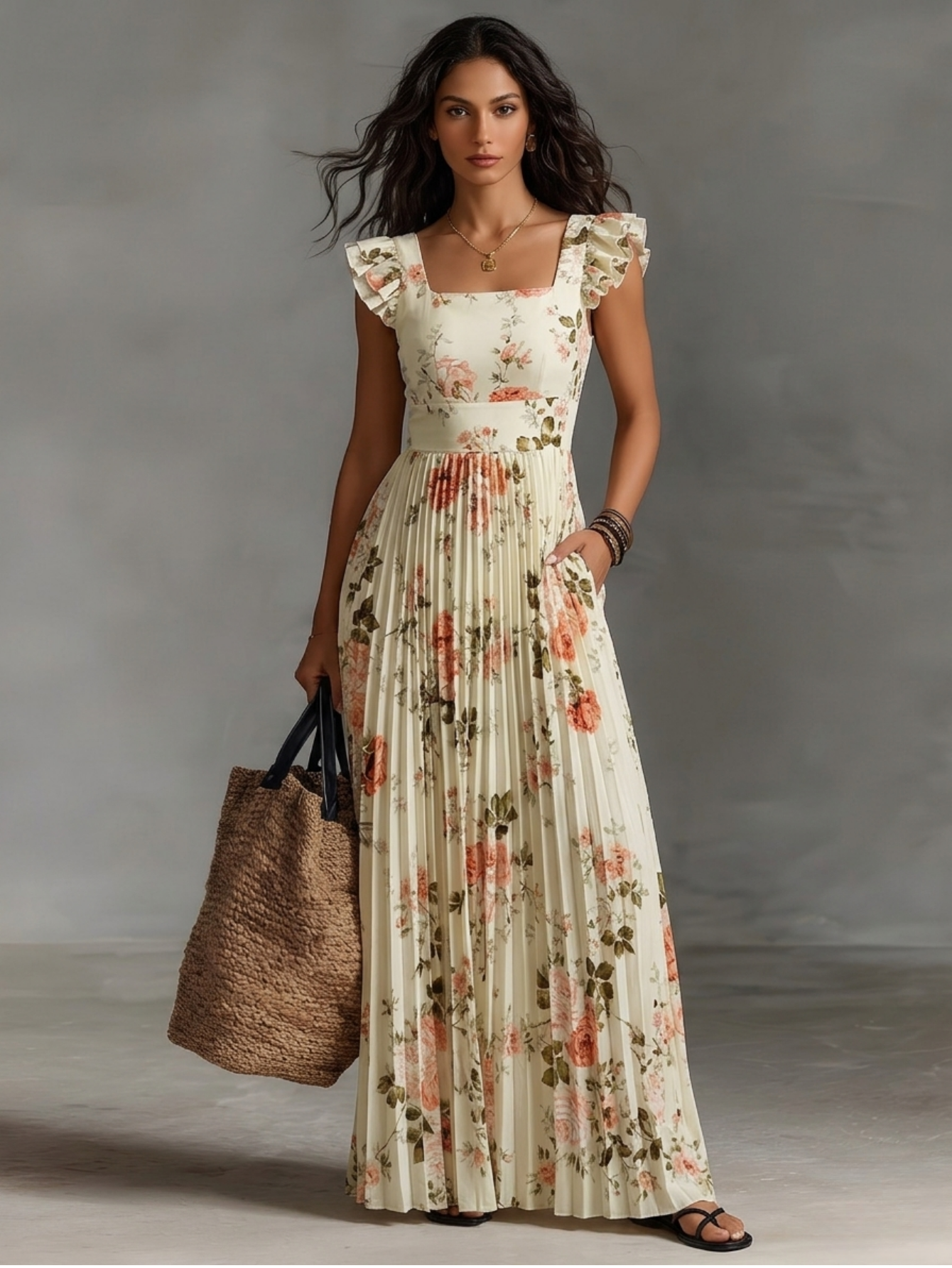 Eleganza Romantica – Abito Lungo Plissettato Floreale