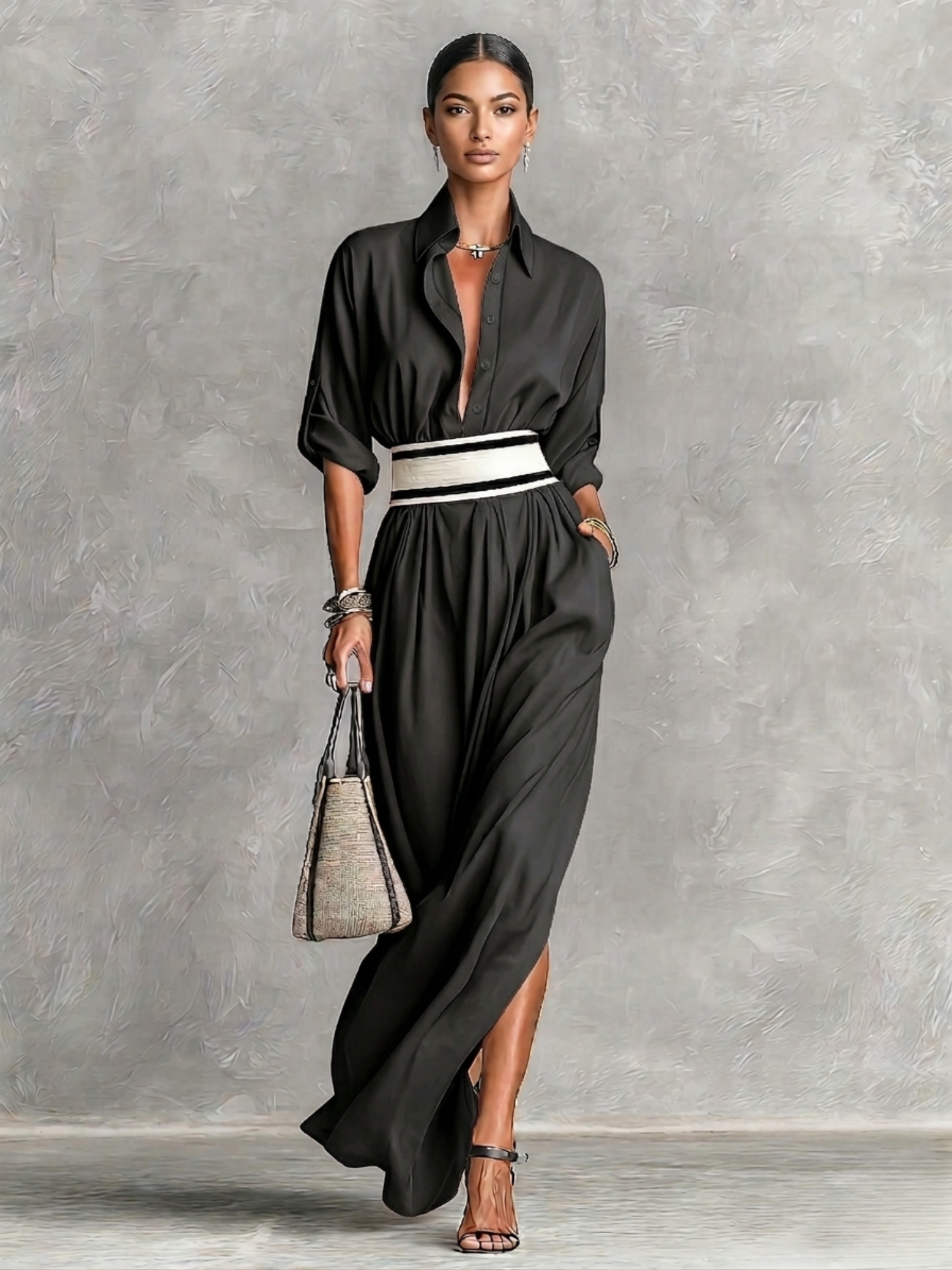 Fiorella | Abito elegante fluido con cintura in vita alta