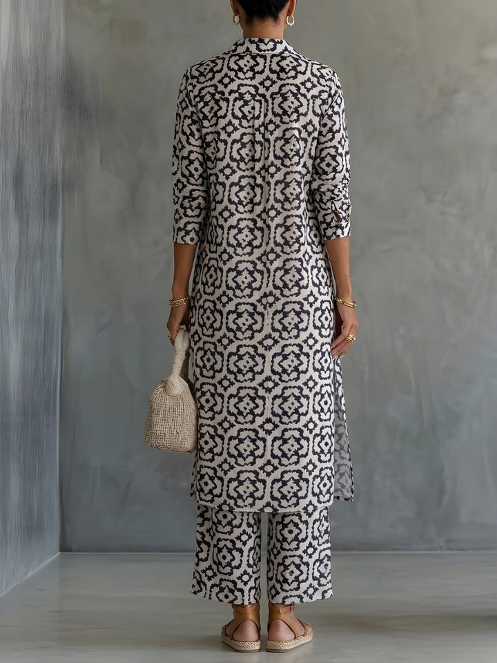 Lena™ | Elegant Printed Co-ord Set with Flowing Tunic and Trousers