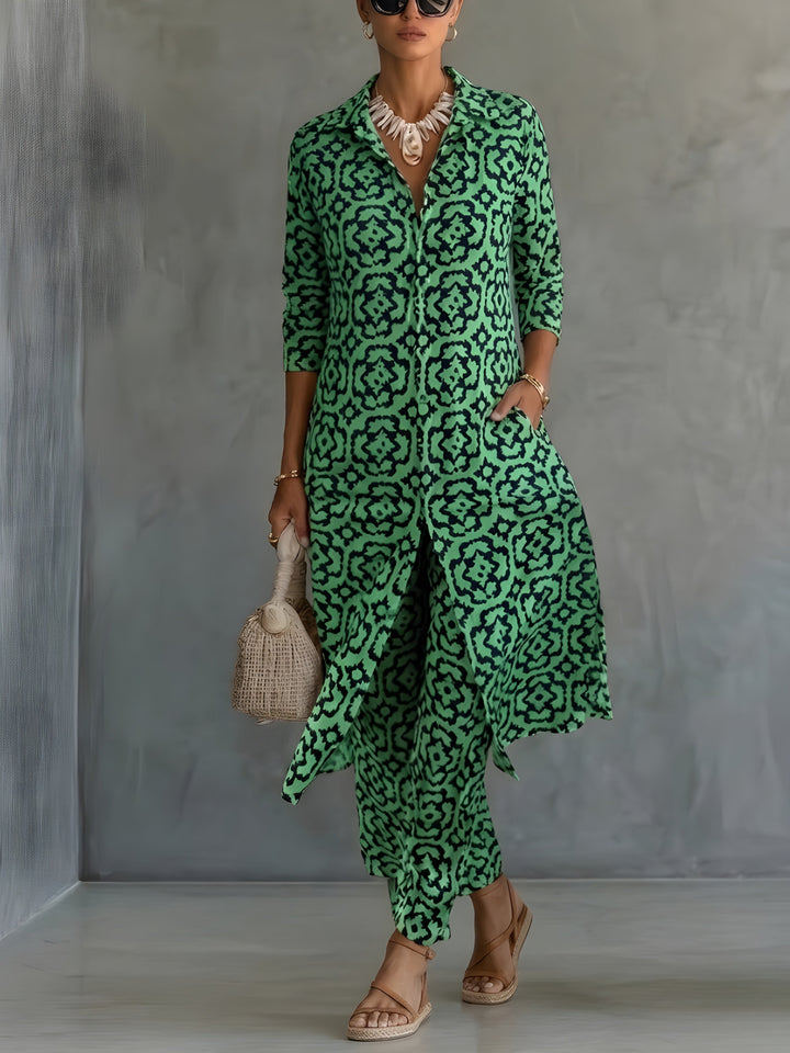 Lena™ | Elegant Printed Co-ord Set with Flowing Tunic and Trousers
