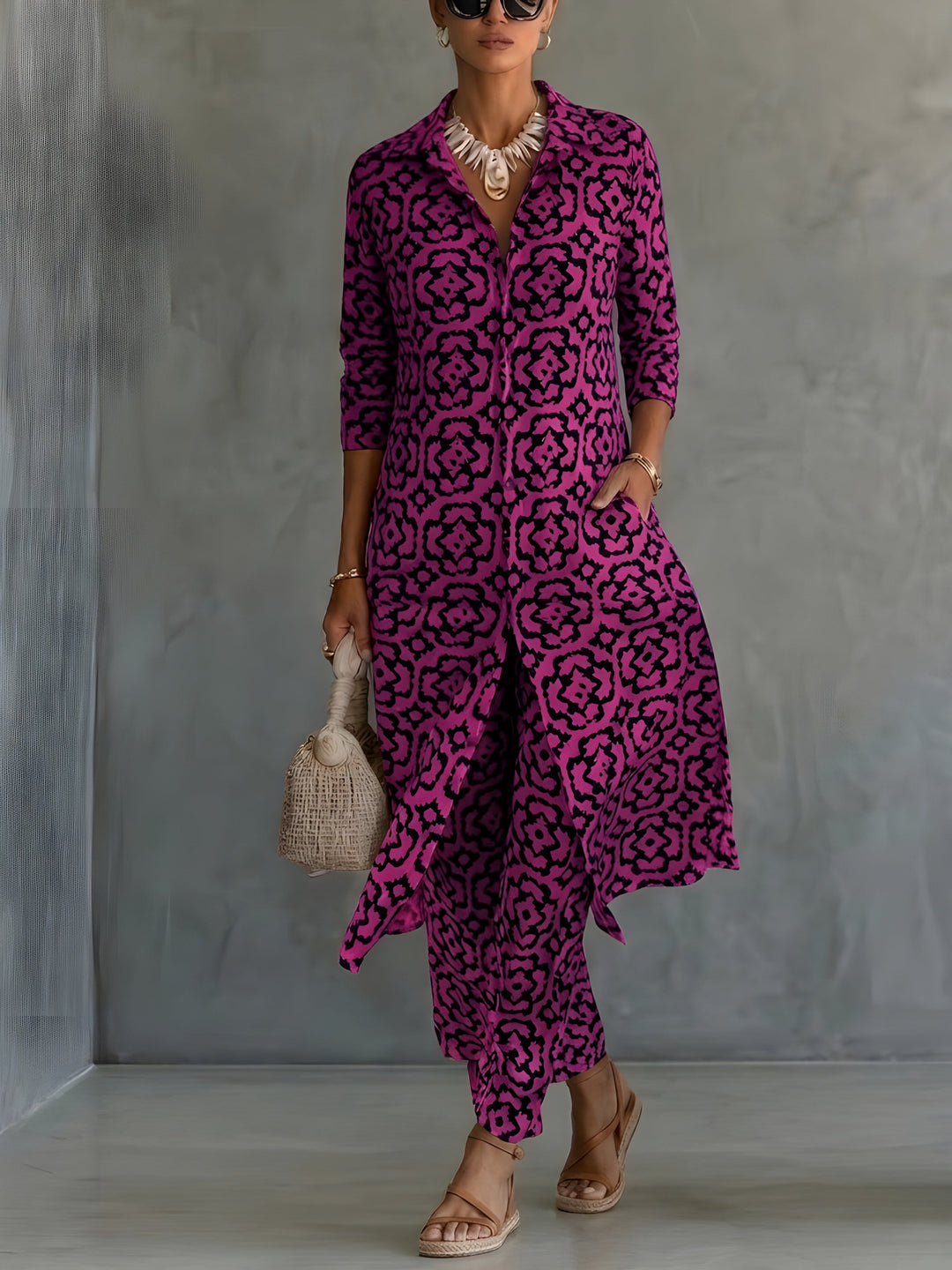 Lena™ | Elegant Printed Co-ord Set with Flowing Tunic and Trousers