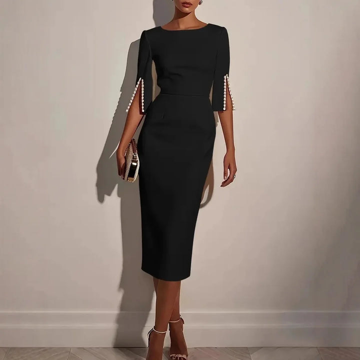 Karen™ | Elegant Midi Dress with Pearl-Embellished Split Sleeves