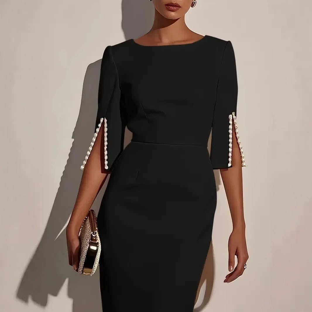 Karen™ | Elegant Midi Dress with Pearl-Embellished Split Sleeves
