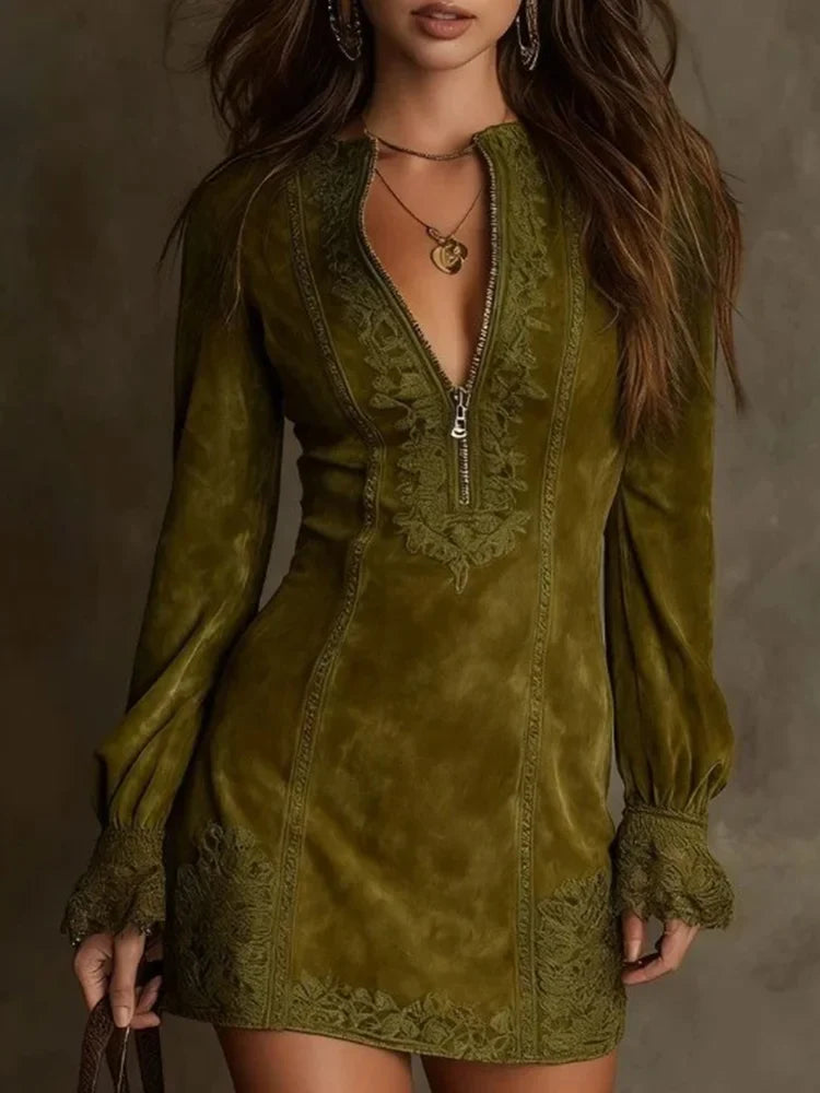 Wendy™ | Suede Mini Dress with Lace – Feminine and Sophisticated