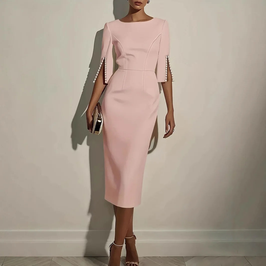 Karen™ | Elegant Midi Dress with Pearl-Embellished Split Sleeves