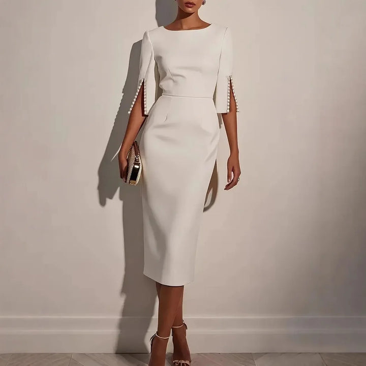 Karen™ | Elegant Midi Dress with Pearl-Embellished Split Sleeves