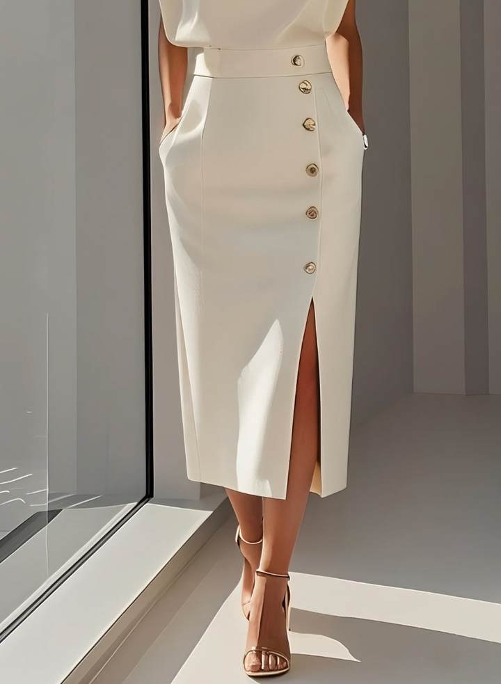 Isabella™ | Fitted Midi Dress with Gold Buttons