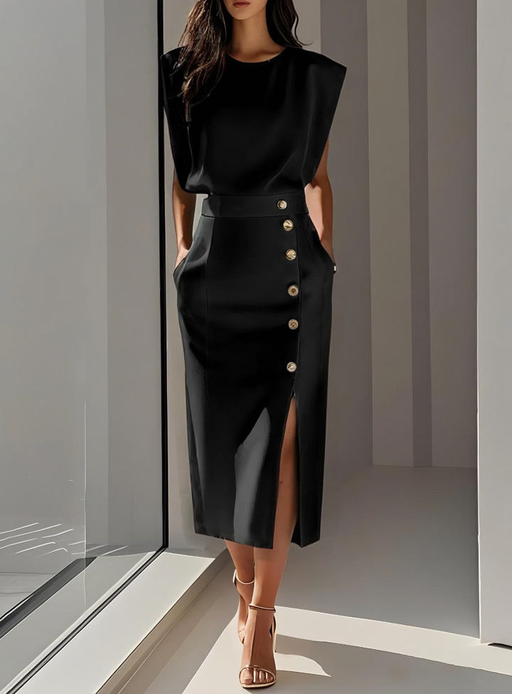 Isabella™ | Fitted Midi Dress with Gold Buttons