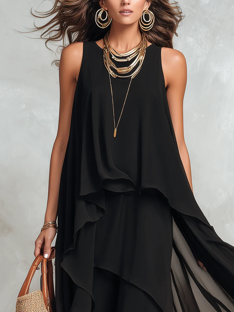 Esther™ | Elegant Flowing Black Maxi Dress with Light Layers